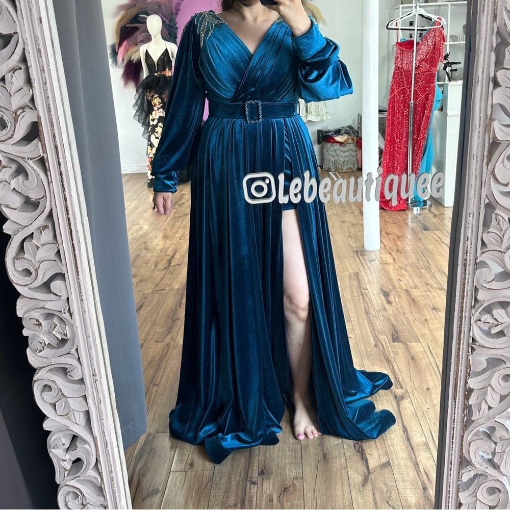 Velvet Belted Long Sleeve Gown